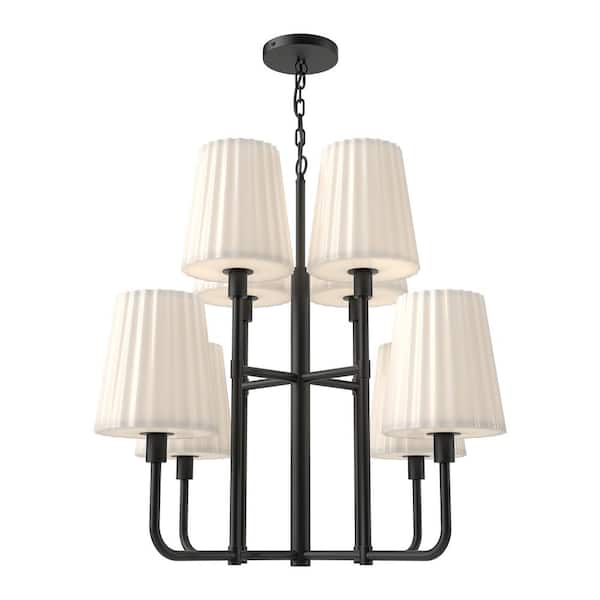 ALORA MOOD Plisse 30 in. 8 Light 60-Watt Matte Black/Opal Matte Glass Chandelier