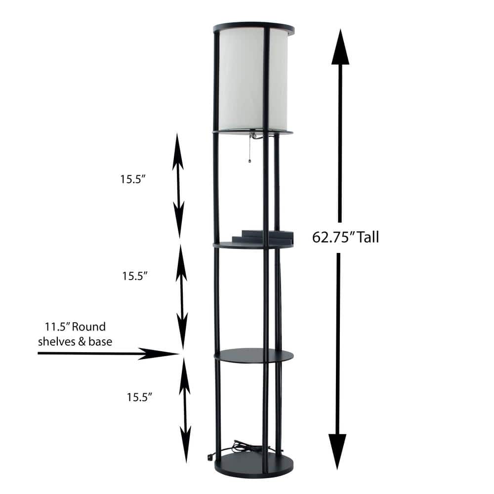 Tall Black Shelf Floor Lamp with White Fabric Shade