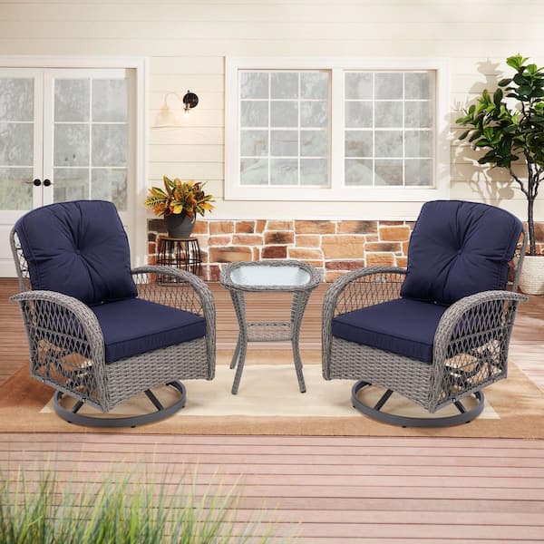 Unbranded 3-Piece Gray Wicker Patio Swivel Outdoor Rocking Chair with Navy Blue Cushions and Table