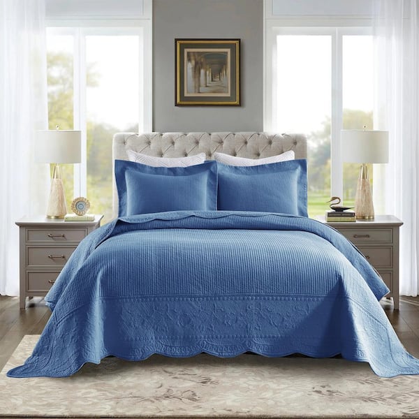 TG105 Midtone Blue Elegantly Embroidered Queen Size Cotton Oversized Quilt Bedspread Set
