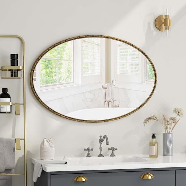 Unbranded Gold 26 in. W x 40 in. H Oval Retro Mirror Wall Mounted Bathroom Mirror Decorative Wall Mirror