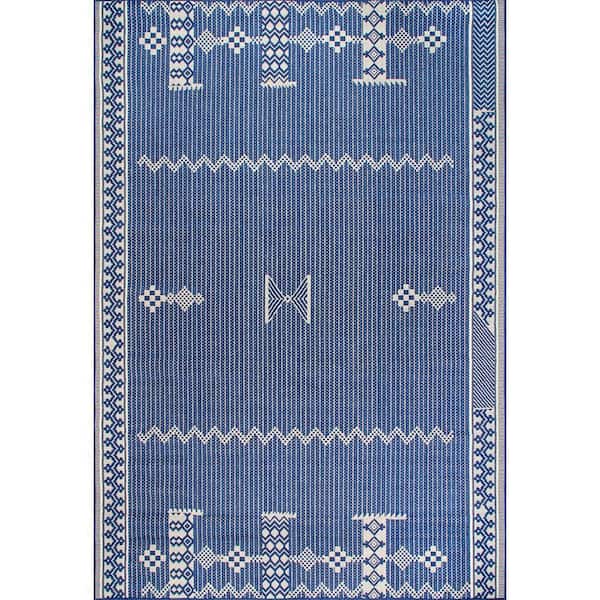 nuLOOM Lowen Tribal Navy 9 ft. 6 in. x 12 ft. Indoor/Outdoor Patio Area Rug