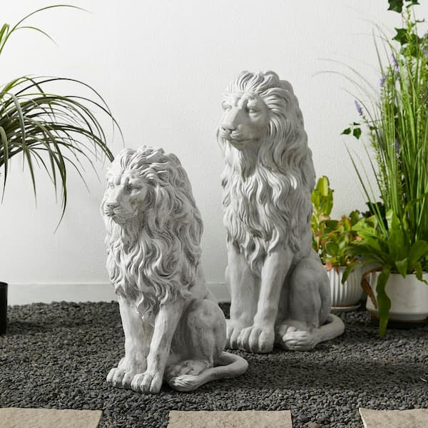 27.75 in. H Oversized MGO White Guardian Sitting Lion Garden Statue (Set of 2)