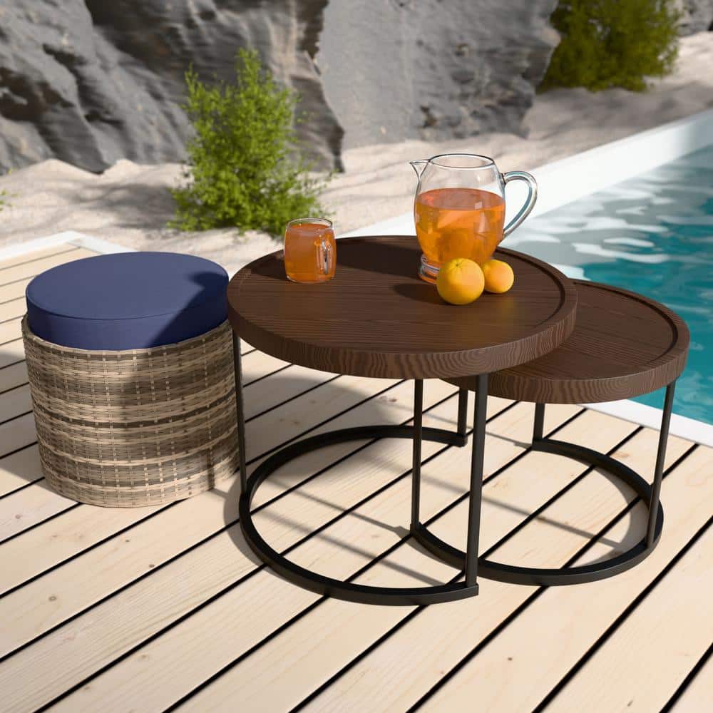 3-Piece Light Brown 22.8 in. Round Wood Top Coffee Table with Nesting Table, Wicker Ottoman with Blue Cushion price history on PriceWatchPro