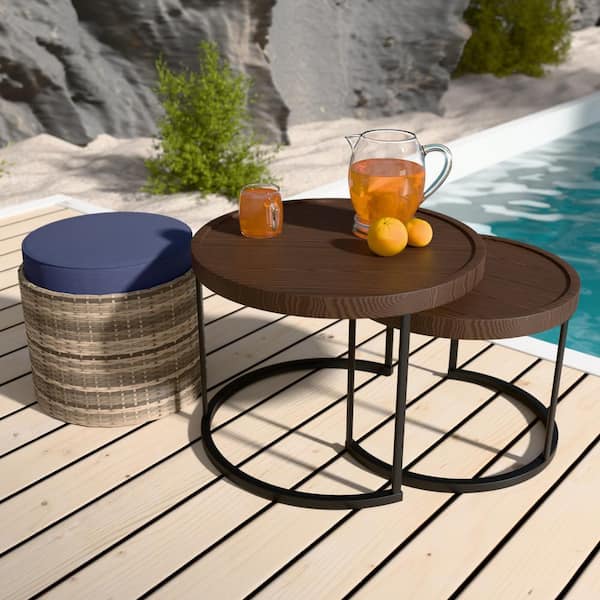 COOS BAY 3-Piece Light Brown 22.8 in. Round Wood Top Coffee Table with Nesting Table, Wicker Ottoman with Blue Cushion