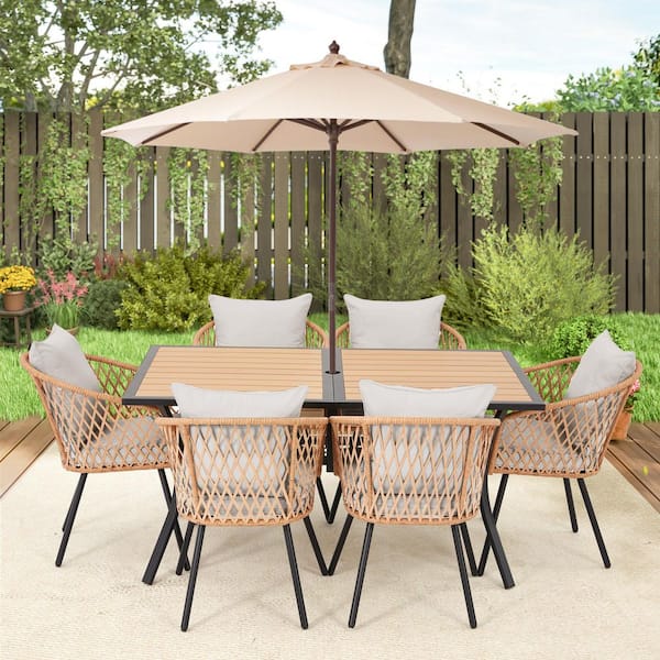 HOMMOW 7-Piece Outdoor Dining Chairs and Table Set for 6 Wicke Chairs with Gray Cushion, Rectangular Table with Umbrella Hole