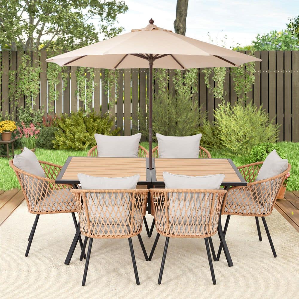 7-Piece Outdoor Dining Chairs and Table Set for 6 Wicke Chairs with Gray Cu