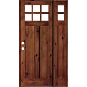 50 in. x 96 in. Craftsman 3-Panel Right-Hand 6-Lite Clear Glass Red Chestnut Wood Prehung Front Door Right Sidelite