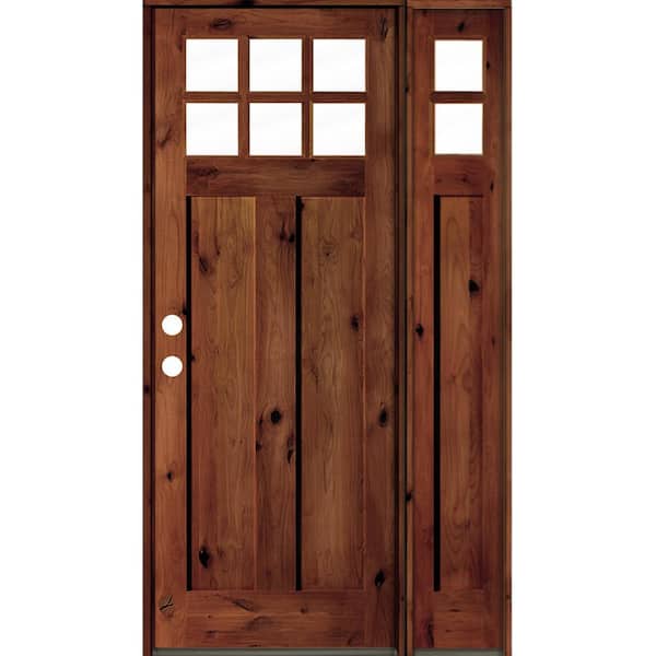 Krosswood Doors 50 in. x 96 in. Craftsman 3-Panel Right-Hand 6-Lite Clear Glass Red Chestnut Wood Prehung Front Door Right Sidelite