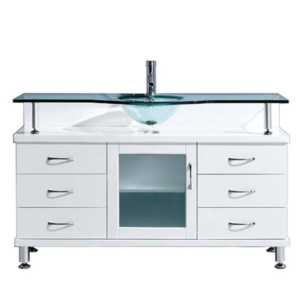 Virtu USA Vincente 56 in. W Bath Vanity in White with Glass Vanity Top in Aqua with Round Basin