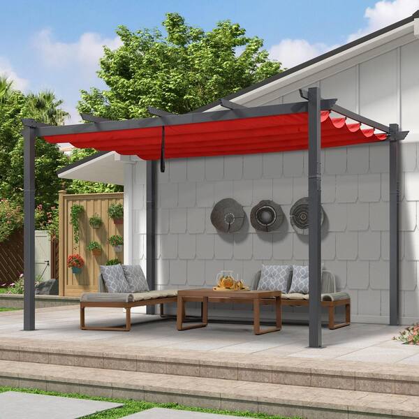 PURPLE LEAF 9.5 ft. x 13 ft. Gray Aluminum Frame Outdoor Pergola Gazebo Against The Wall with Red Retractable Sun Shade Canopy
