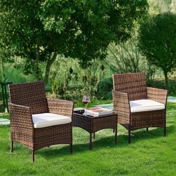 FIRNEWST Brown 3-Piece Outdoor Sofa Set Patio Rattan Wicker Conversation Set with Coffee Table
