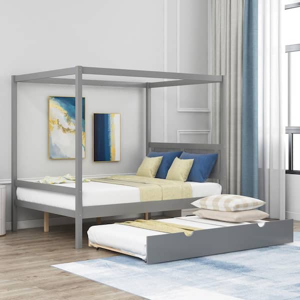 Qualler Gray Full Size Canopy Platform Bed with Trundle