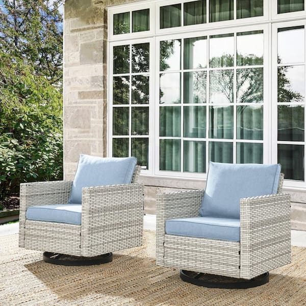 Opohoro Beige Wicker Outdoor Rocking Chair, Patio Swivel Gliders with Baby Blue Cushions for Porch or Balcony (2-Pack)