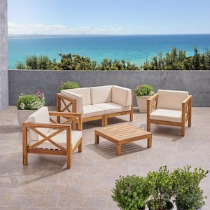 Brava Teak Brown 5-Piece Wood Patio Conversation Seating Set with Beige Cushions