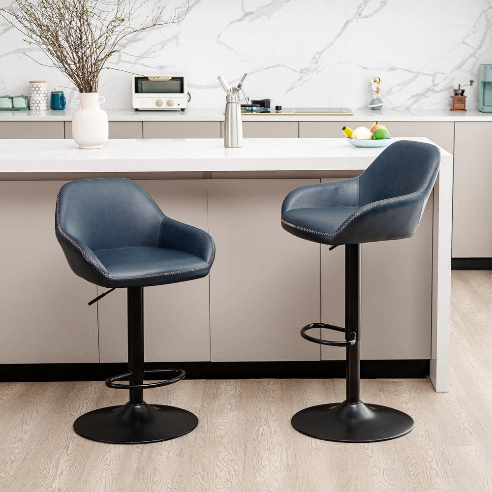 Navy Blue Faux Leather Adjustable Swivel Bar Stool Set