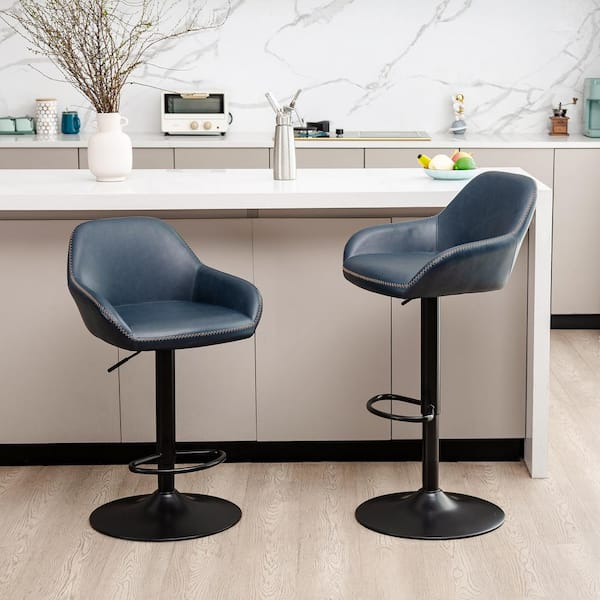 42.72 in. Navy Blue Mid-Century Modern Vintage Leatherette Gaslift Adjustable Swivel Bar Stool (Set of 2)
