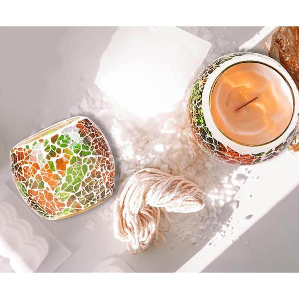 Orange Green Glass Mosaic Cracked Candle Holder, 1-Pack