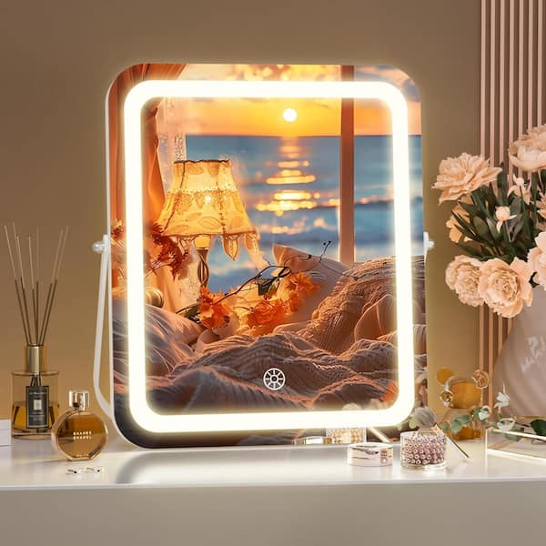Vosuja 10 in. W x 12 in. H White LED Makeup Mirror, 3 Modes Light, Smart Touch Control Dimmable, Rounded Rectangle Frame