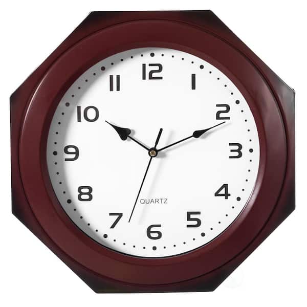 Brown Modern Decorative Octagon Shaped Wood- Looking Plastic Wall Clock for Living Room, Kitchen, or Dining Room