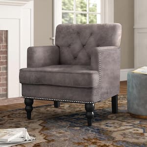 Greyish Brown Tufted Microfiber Arm Chair with Birch Wood Legs, Nailhead Trims