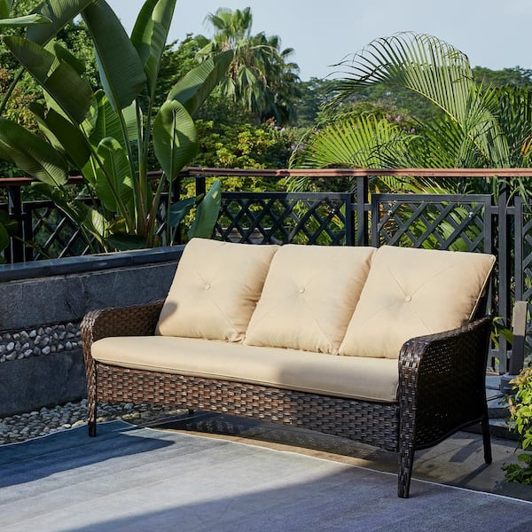 Gymojoy Brentwood Brown Wicker Outdoor Patio Sofa Couch with Beige Cushions