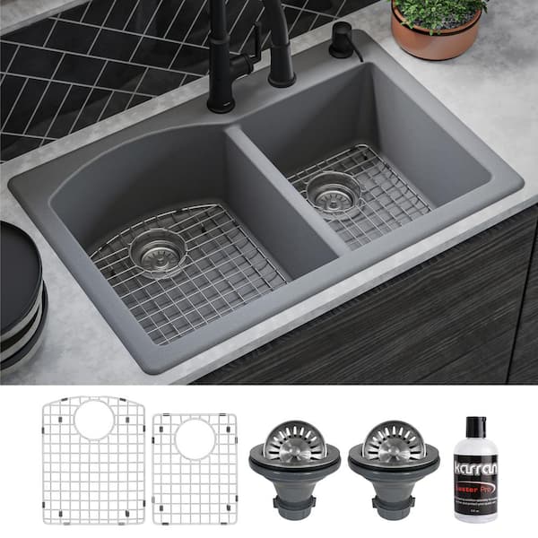 Karran QT-610 Quartz/Granite 33 in. Double Bowl 60/40 Top Mount Drop-In Kitchen Sink in Grey with Bottom Grid and Strainer