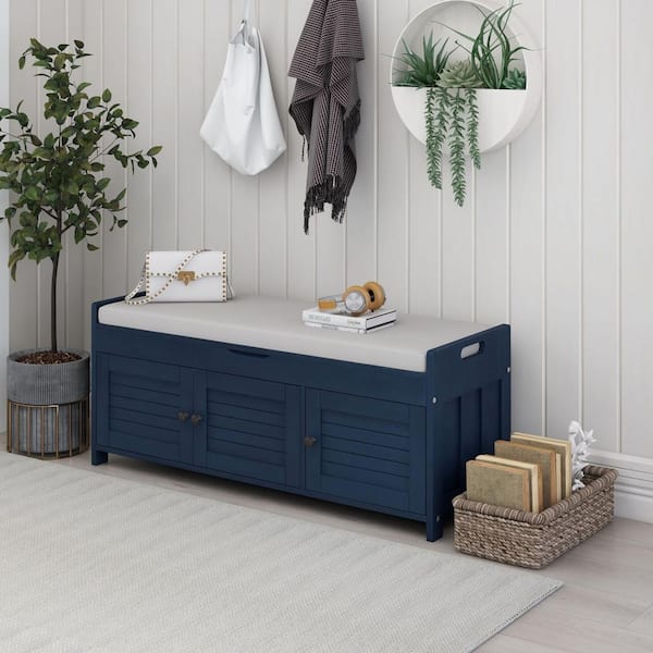 Polibi Antique Navy Storage Bench with Removable Cushion and 3