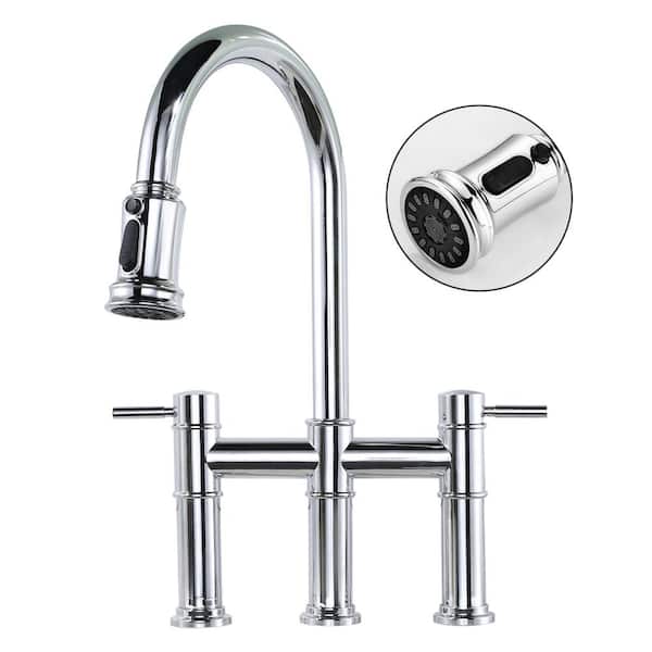 AVITAS Double Handle Pull-Down High Arc Bridge Kitchen Faucet with Brass and Stainless Steel in Polished Chrome