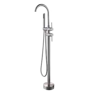 3.3 GPM Double Handle Gooseneck Floor Mounted Free Standing Tub Filler Faucets with Shower in Brushed Nickel