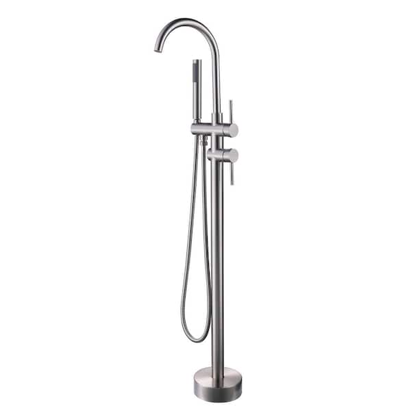 WELLFOR 3.3 GPM Double Handle Gooseneck Floor Mounted Free Standing Tub Filler Faucets with Shower in Brushed Nickel