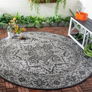 Beach House Light Gray/Charcoal 7 ft. x 7 ft. Round Oriental Indoor/Outdoor Patio  Area Rug