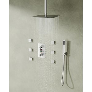 Knobs 3-Spray 12 in. Thermostatic Rain Dual Shower Head Fixed and Handheld Shower Head in Brushed Nickel 2.5 GPM