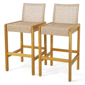 Set of 2 Patio Wood Outdoor Bar Stools Rattan Bar Height Chairs with Backrest Porch Balcony