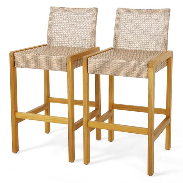 Costway Set of 2 Patio Wood Outdoor Bar Stools Rattan Bar Height Chairs with Backrest Porch Balcony