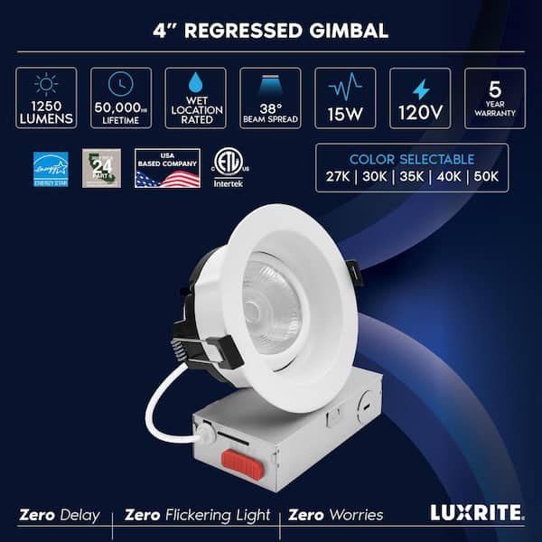 4 in. Integrated LED Regressed Gimbal LED Light, 5CCT, 15W, 1250LM 360º + 30º Rotation, Dimmable, IC Rated, ETL Listed