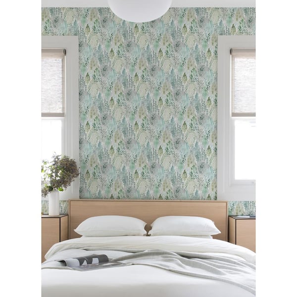 Green Watercolor Tree Mosaic Vinyl Peel and Stick Matte Wallpaper