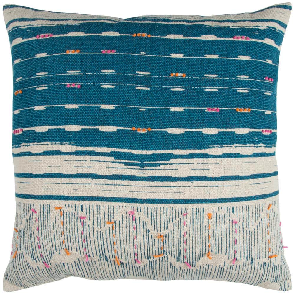 Teal/Ivory Striped Hand Stitchery with French Knots and Tassel Ends Poly Fi