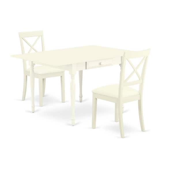 East West Furniture 3-Piece Linen White Finish Solid Wood Top with Dropleaf Dining Table Set