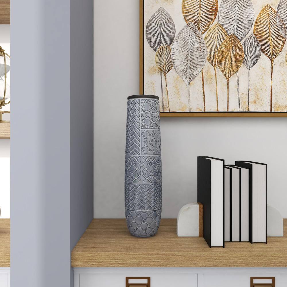 Gray Ceramic Eclectic Decorative Floor Vase with Patterns, 22"