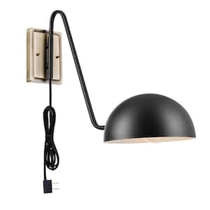 Addison 1-Light Matte Black Plug-In Wall Sconce with Antique Brass Backplate