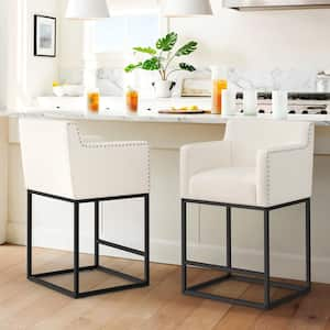 Hampton 26 in. Beige Modern Linen Upholstered Bar Stool Square Metal Frame Counter Height Bar Stool (Set of 2)