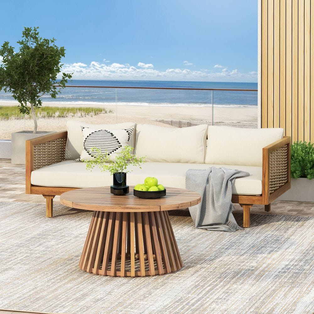 Riley Teak 2-Piece Wood Outdoor Patio Conversation Seating Set with Beige Fabric Cushions, Rattan Armrests