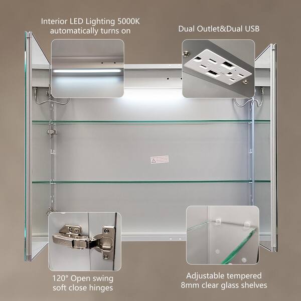 Forclover 36-in x 30-in Lighted LED Fog Free Surface/Recessed Mount Black Mirrored Soft Close Medicine Cabinet with Outlet