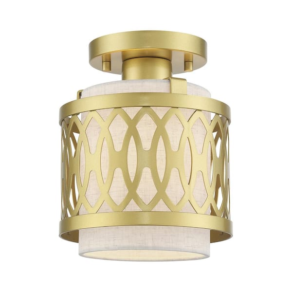 Livex Lighting Vistaview 1-Light Soft Gold Semi Flush Mount with Oatmeal Fabric Shade