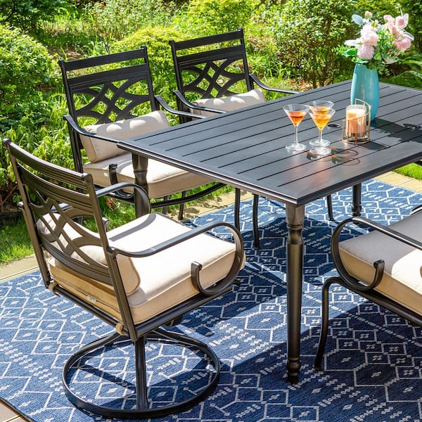 PHI VILLA Black 7-Piece Metal Patio Outdoor Dining Set with Black Frame Slat  Table and Swivel Chair with Beige Cushions THD7-428405406 - The Home Depot