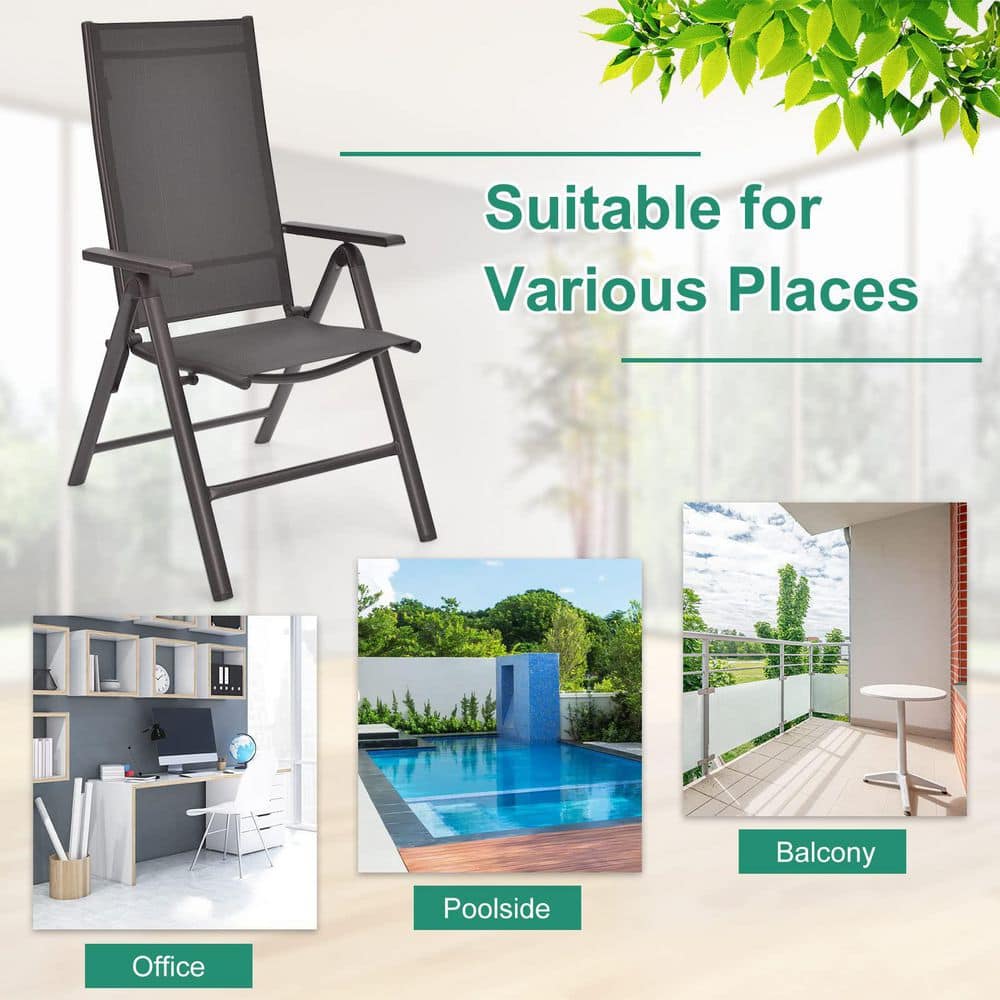 Gray Aluminum Folding Dining Chairs with Adjustable Reclining Backrest, Set of 2
