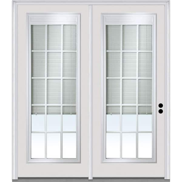 MMI Door 68 in. x 80 in. Clear Glass Internal Blinds and Grilles Primed Steel Prehung Left Hand Full Lite Stationary Patio Door