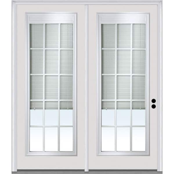 MMI Door 72 in. x 80 in. Clear Glass Internal Blinds and Grilles Primed Steel Prehung Left Hand Full Lite Stationary Patio Door