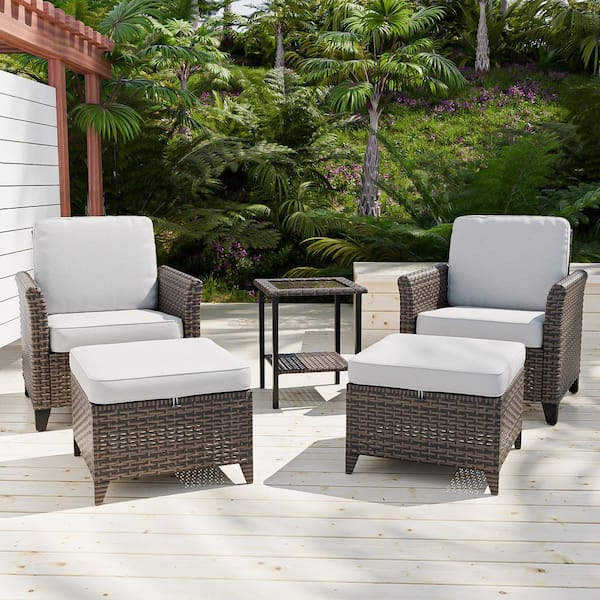 COOS BAY Brown Rattan Wicker 5-piece Outdoor Patio Conversation Set with Beige Cushions, Patio Chairs with Ottomans